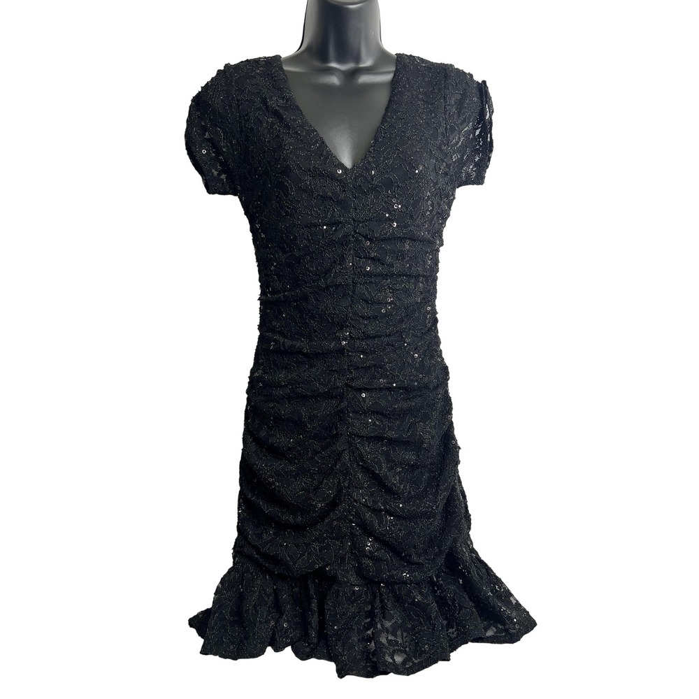 Aqua Dress Womens Medium Black Ruched Lace Sequin Short Sleeve Party Cocktail
